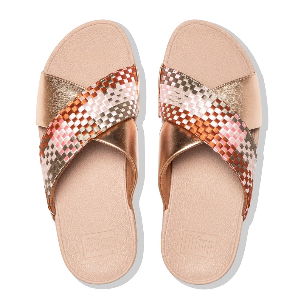Fitflop Womens Slides - Lulu Silky-weave Cross - Coral Pink - 628-KRNJDP